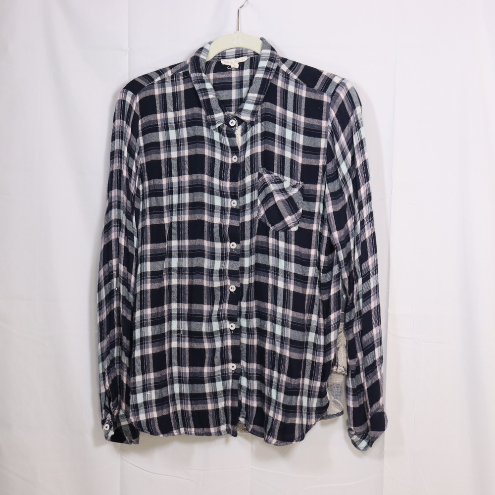 Hem & Thread Plaid‎ Shirt S Navy Women Floral Peplum Flannel Top